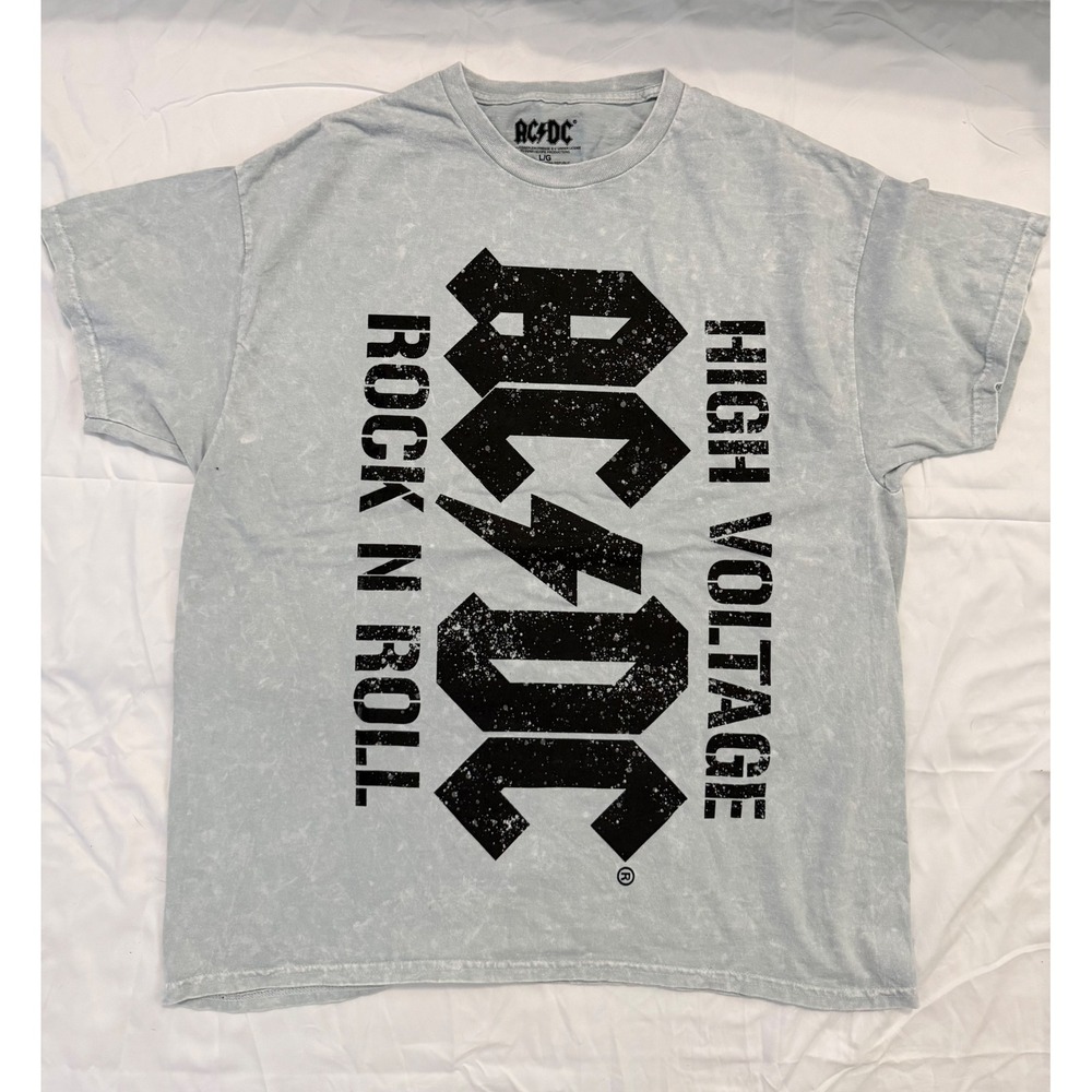 NWOT AC/DC High Voltage Rock N Roll Acid Wash Graphic T-Shirt Blue Grey Large